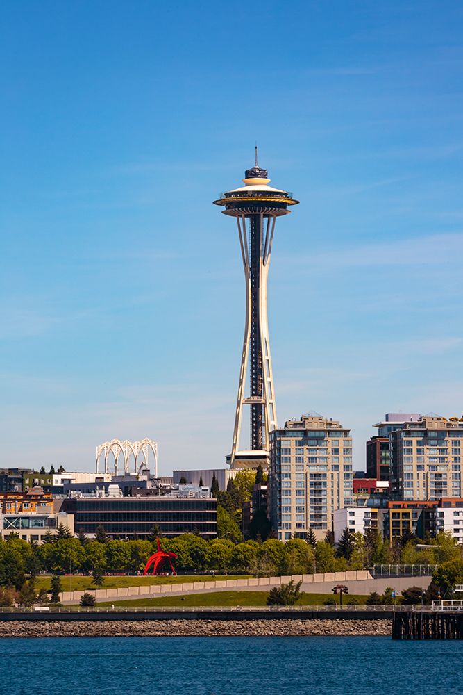 The Space Needle, Sculpture Park and Seattle waterfront, Washington State, USA.